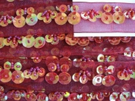2m Oranzaband bestickt Pailletten und Perlen in rot - 2,5cm 