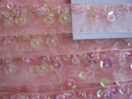 1m Oranzaband bestickt Pailletten und Perlen in rosa - 2,5cm