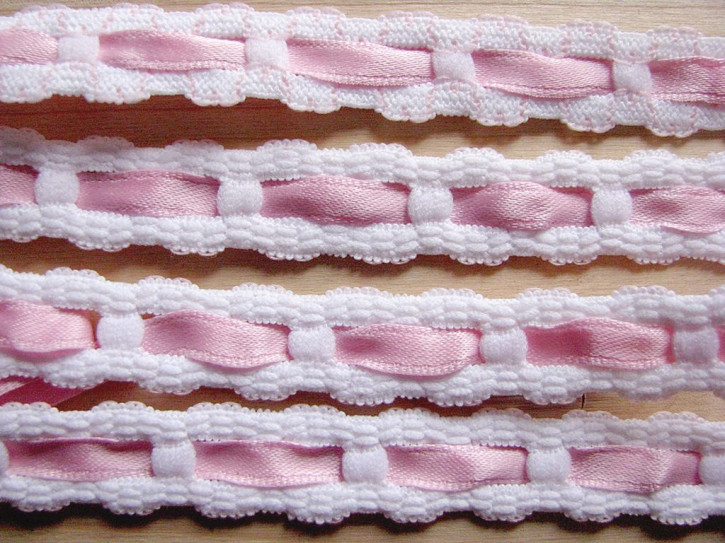 3m Zierborte in weiß mit zartem Satinband in rosa - 15mm