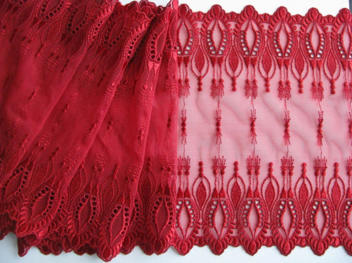 1m elastische, bestickte Spitze in dunklem kirsch-rot Fb0105 -  19,5cm