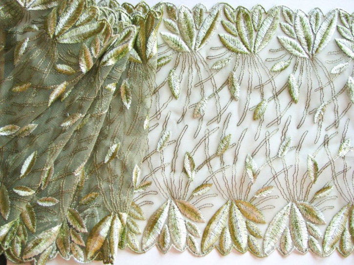 1m elastische, bestickte Spitze in h.oliv-grün/khaki  Fb0650 - 23cm