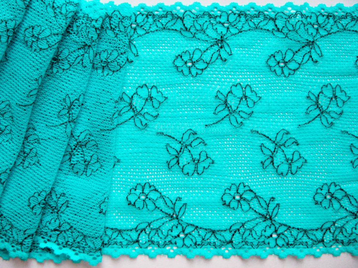 1m elastische Spitze "Turquoise Flowers" - 16cm