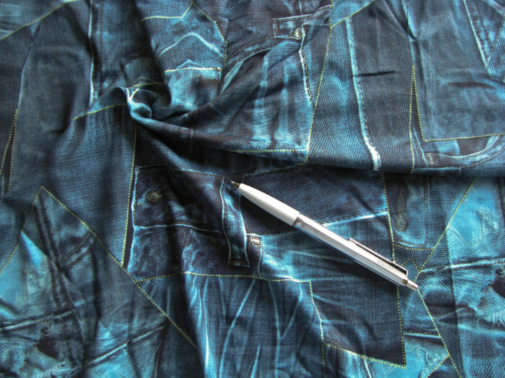 1m bi-elastischer Lomellina-Jersey/Microfaser "Patchwork-Jeans" - 1,40m