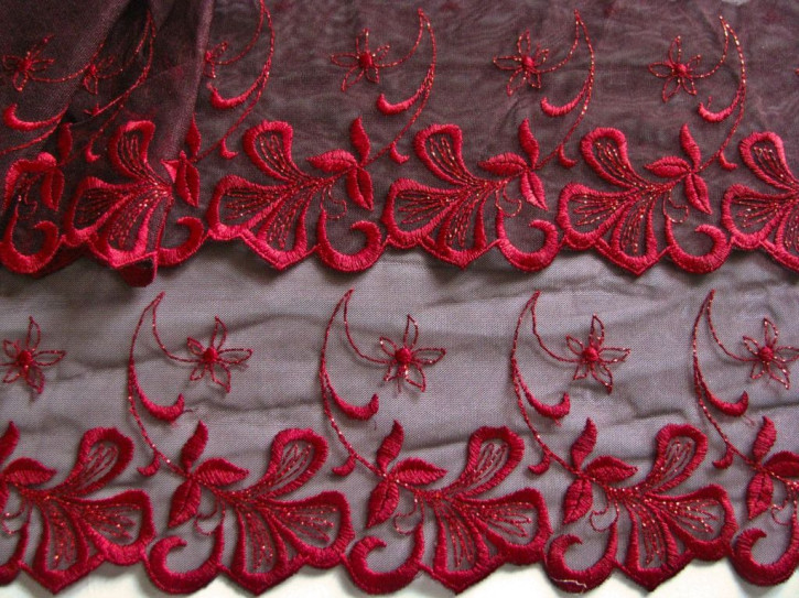 2m gegengleiche Edel-Dessous-Spitze "Red-Fire-Flowers" - 19cm / Stickbreite 9cm