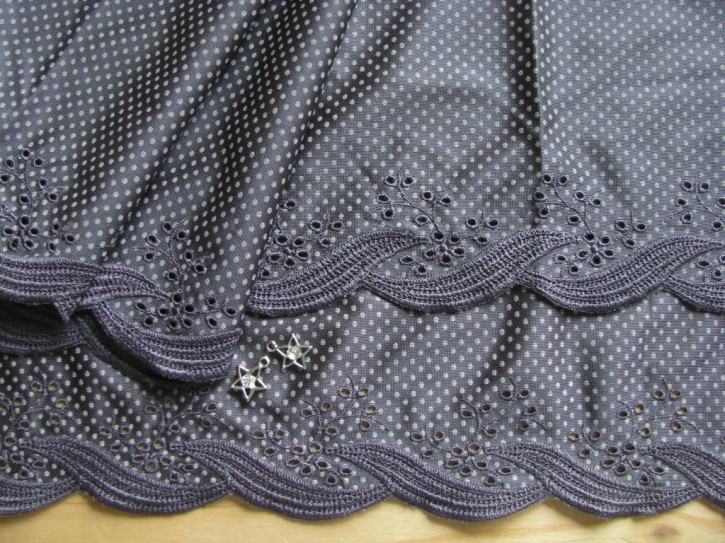 2m gegengleiche Dessous-"Lycra"-Spitze bestickt "Smoky gray Polka-Dots" - 15,5cm /Stickbreite 5,5cm