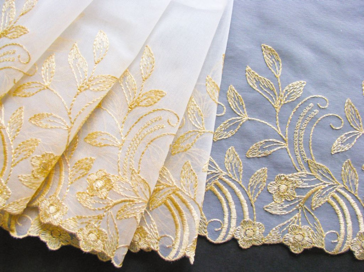 1m Edel-Spitze bestickt in creme/gold Fb1455 -  20cm / Stickbreite 13cm