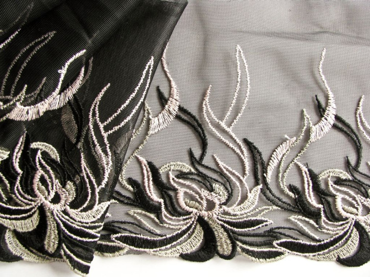 1m Edel-Spitze bestickt "Fire-Flower" in schwarz Fb4000 - 14cm /Stickbreite 11cm